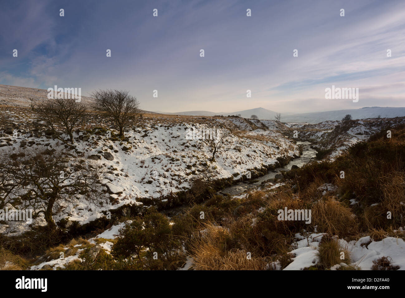 Taw Marsh Belstone with a light covering of snow in January, Dartmoor National Park Devon Uk Stock Photo