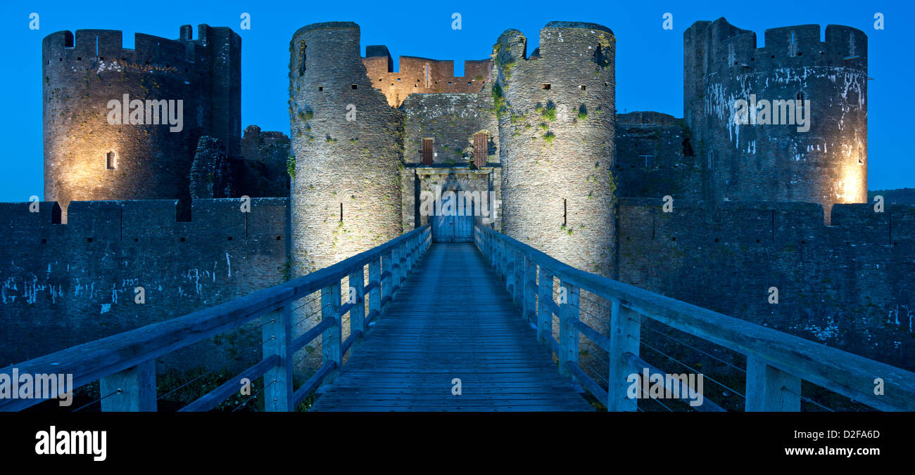 Caerphilly Castle at Night, Caerphilly, South Wales, UK Stock Photo