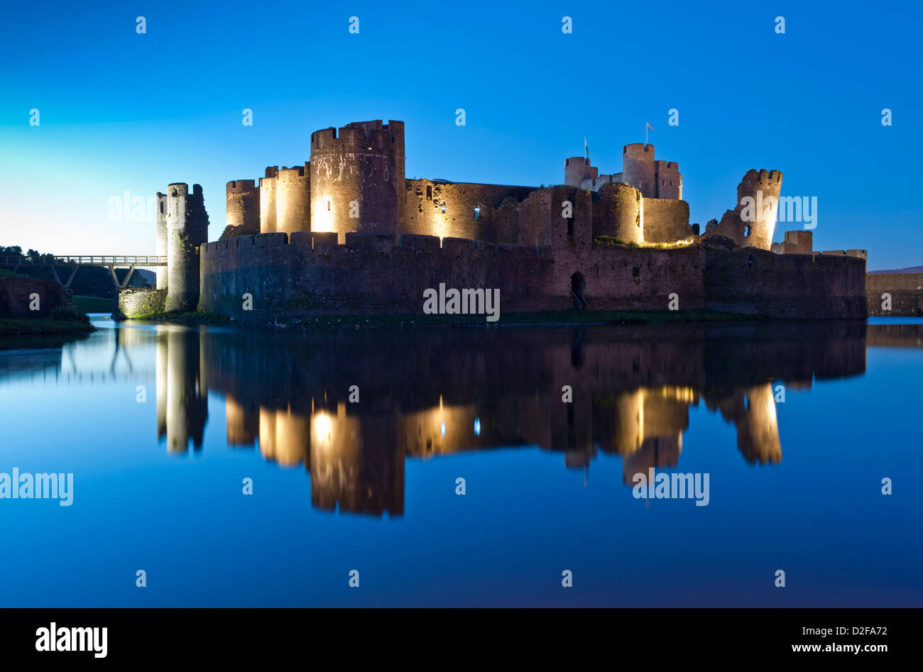 Caerphilly Castle at Night, Caerphilly, South Wales, UK Stock Photo