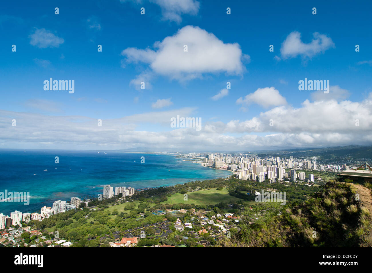 Sweeping view of Honolulu from Diamond Head Crater Park Stock Photo