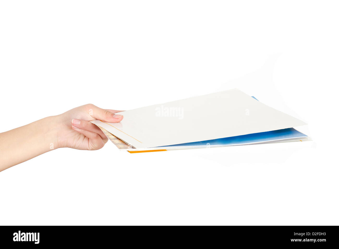 Woman handed a blank business documents in hand Stock Photo Alamy