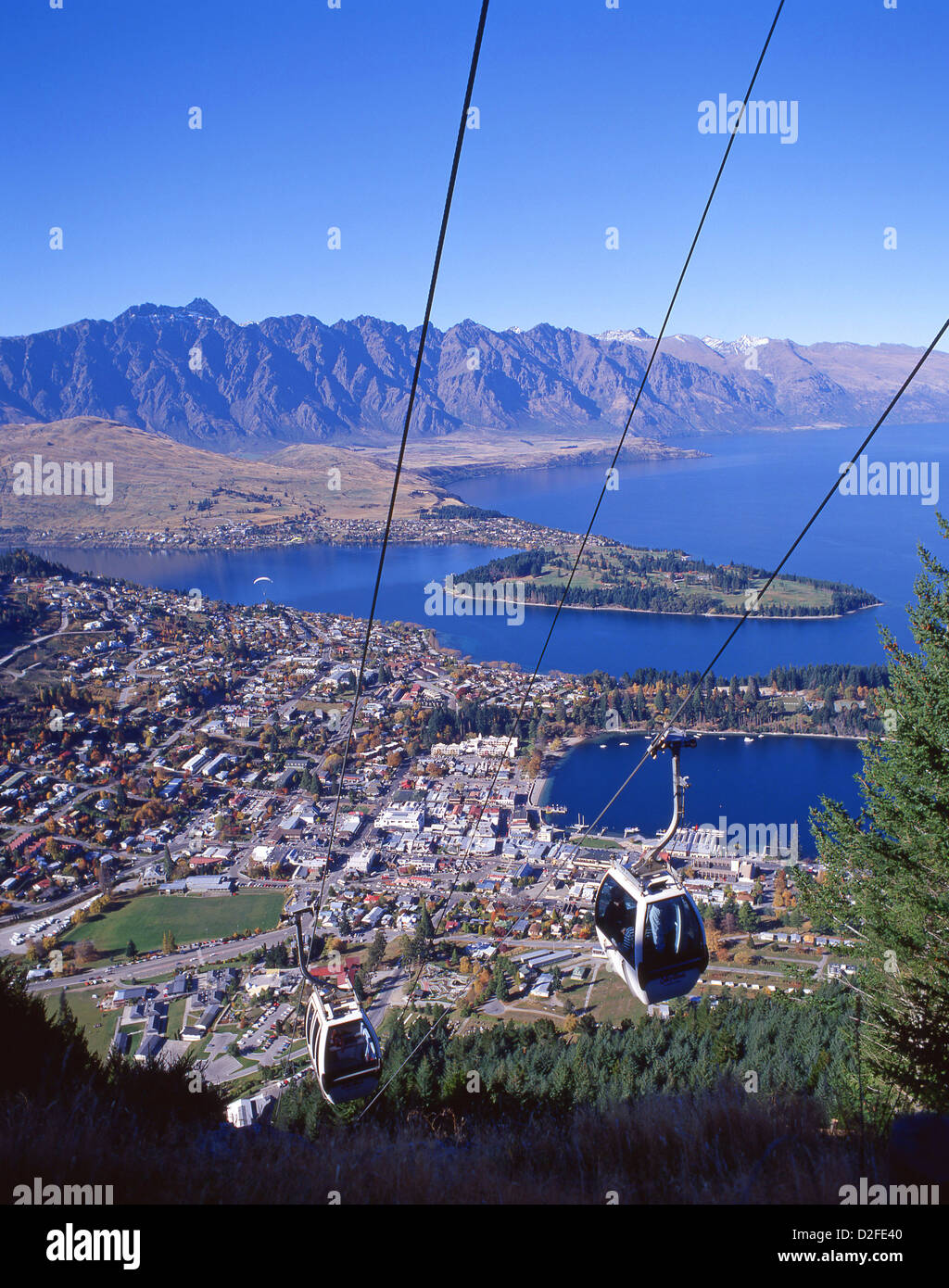 The Skyline Gondola with town, Lake Wakatipu and The Remarkables behind, Queenstown, Otago Region, South Island, New Zealand Stock Photo