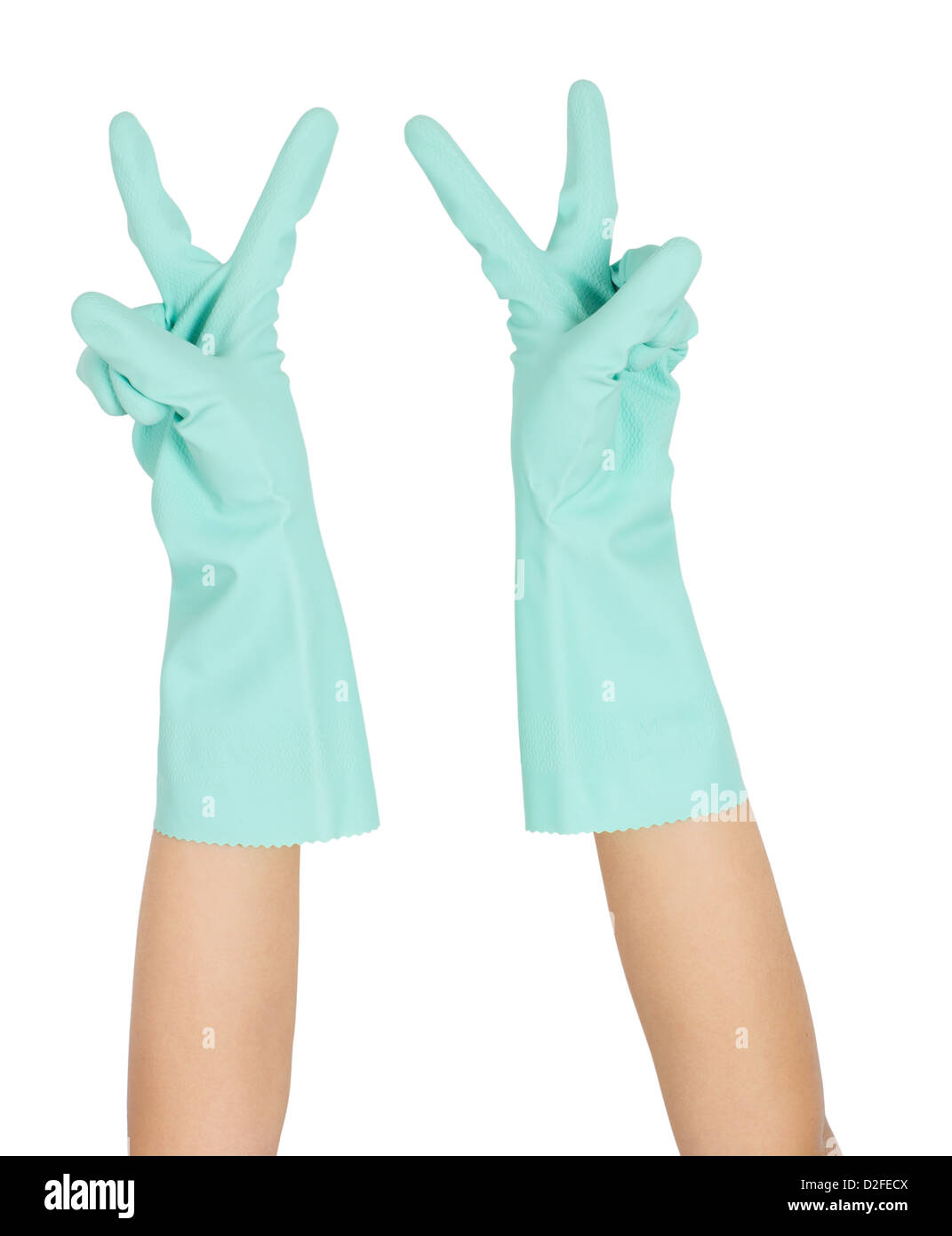 Gestures of a woman with rubber gloves Stock Photo