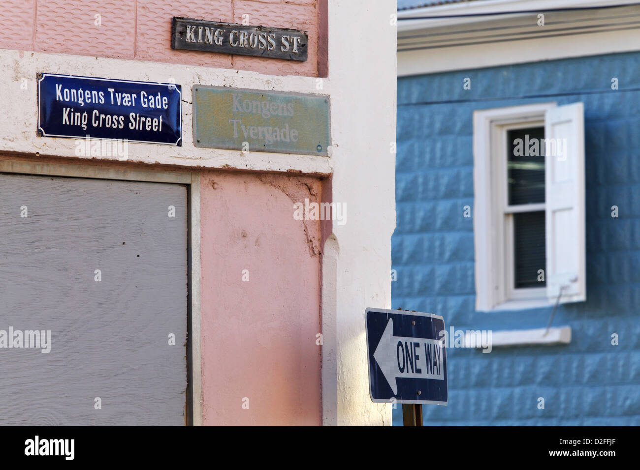 Street Signs, Kongens Tvær Gade / King Cross Street, Christiansted, St. Croix, US Virgin Islands, Caribbean Stock Photo