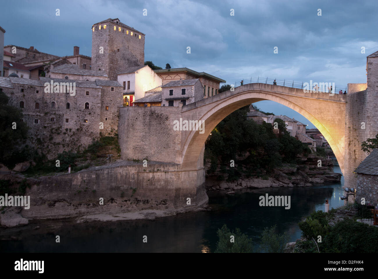 Mostar, bridge across the Neretva river, dusk, Bosnia and Herzegovina Stock Photo