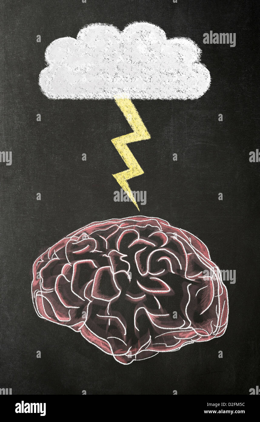 Brain, a cloud and a lightning bolt in chalk on a blackboard Stock Photo