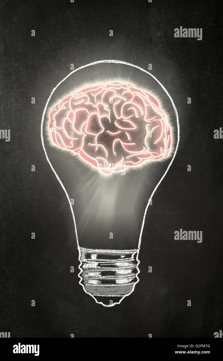 Idea - Light bulb with a human brain inside it on a blackboard Stock Photo