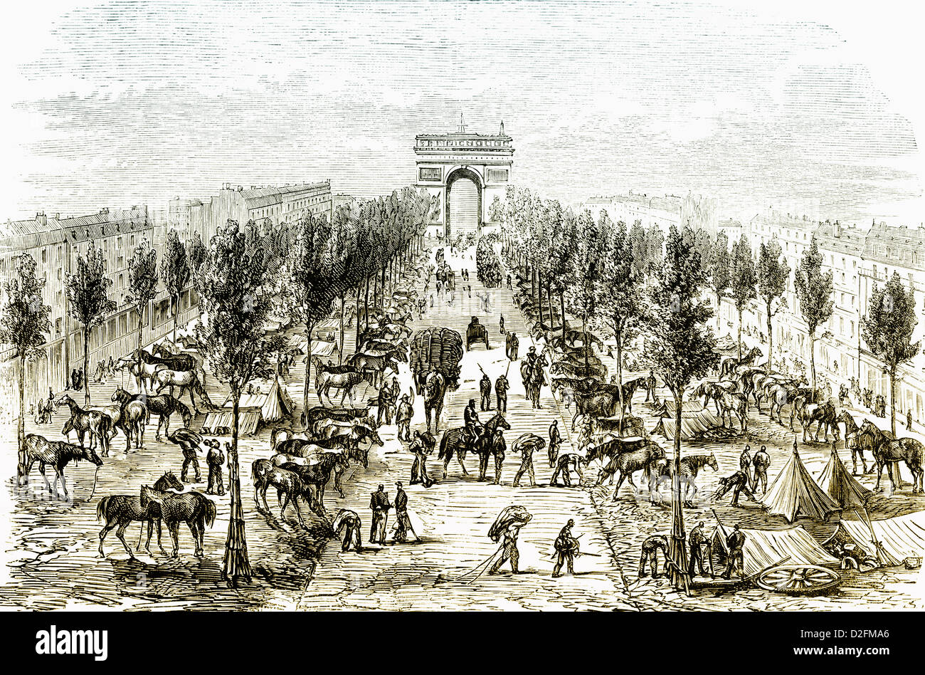 Artillery and cavalry camp, German siege of Paris,1871, Avenue des Champs-Élysées, Paris, France, Franco-Prussian War, 1870-1871 Stock Photo