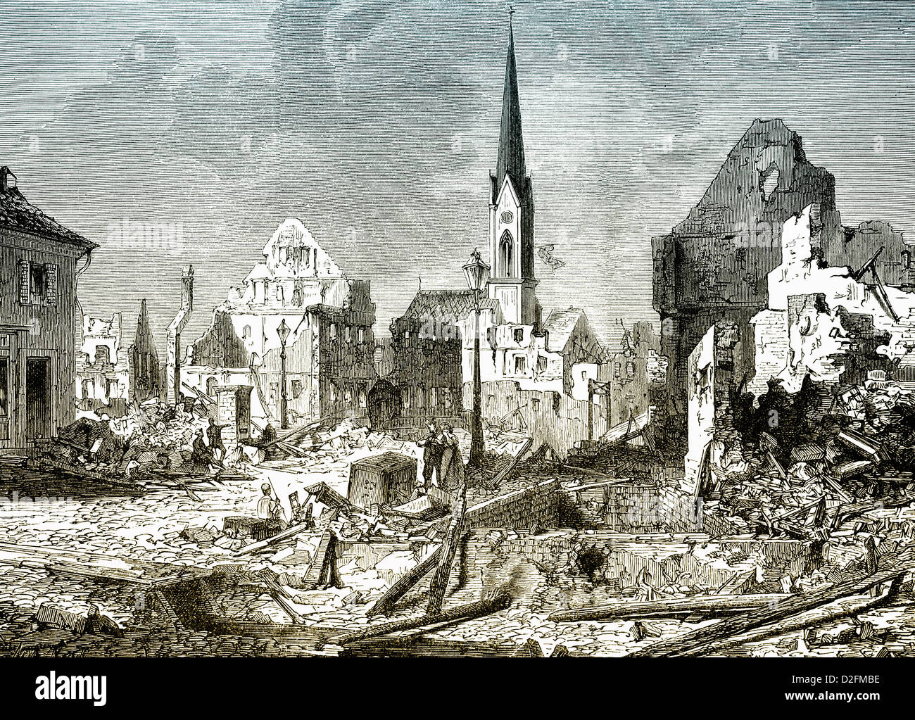 The ruined city of Kehl am Rhein, Baden-Wuerttemberg, Germany, Franco-Prussian War or Franco-German War, 1870-1871 Stock Photo