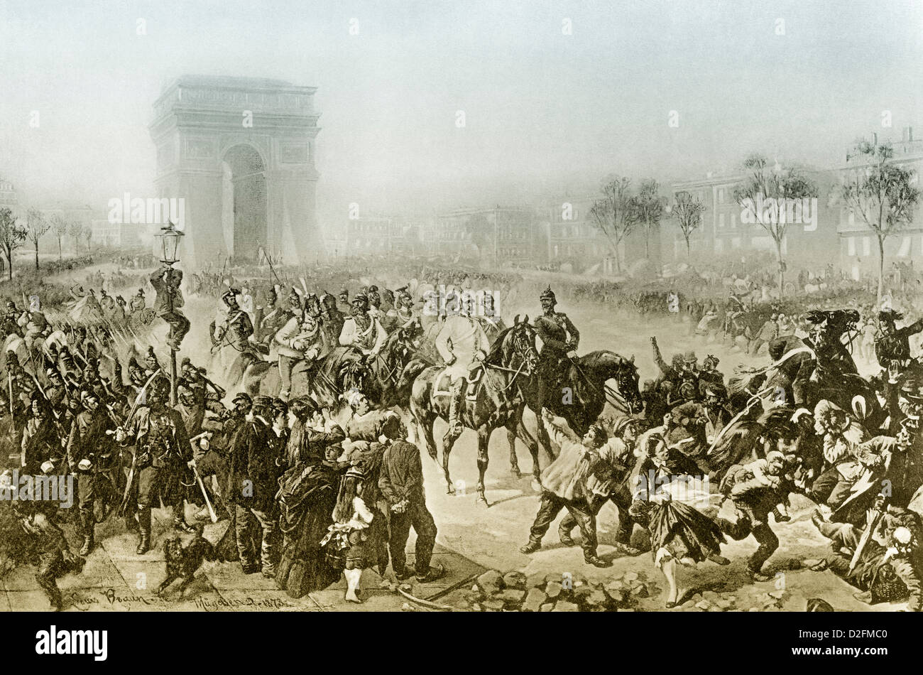 The arrival of the Germans in Paris on 1 March 1871, Avenue des Champs-Élysées with the Arc de Triomphe, Paris, France, Stock Photo