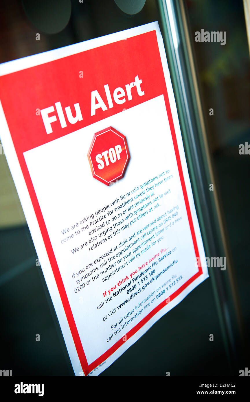 Government issued Flu Alert poster on display in UK GP Practice Stock Photo