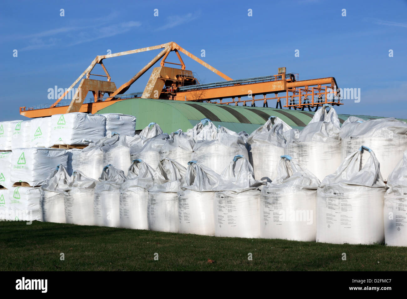 crane with warehouse and bulk bags Stock Photo