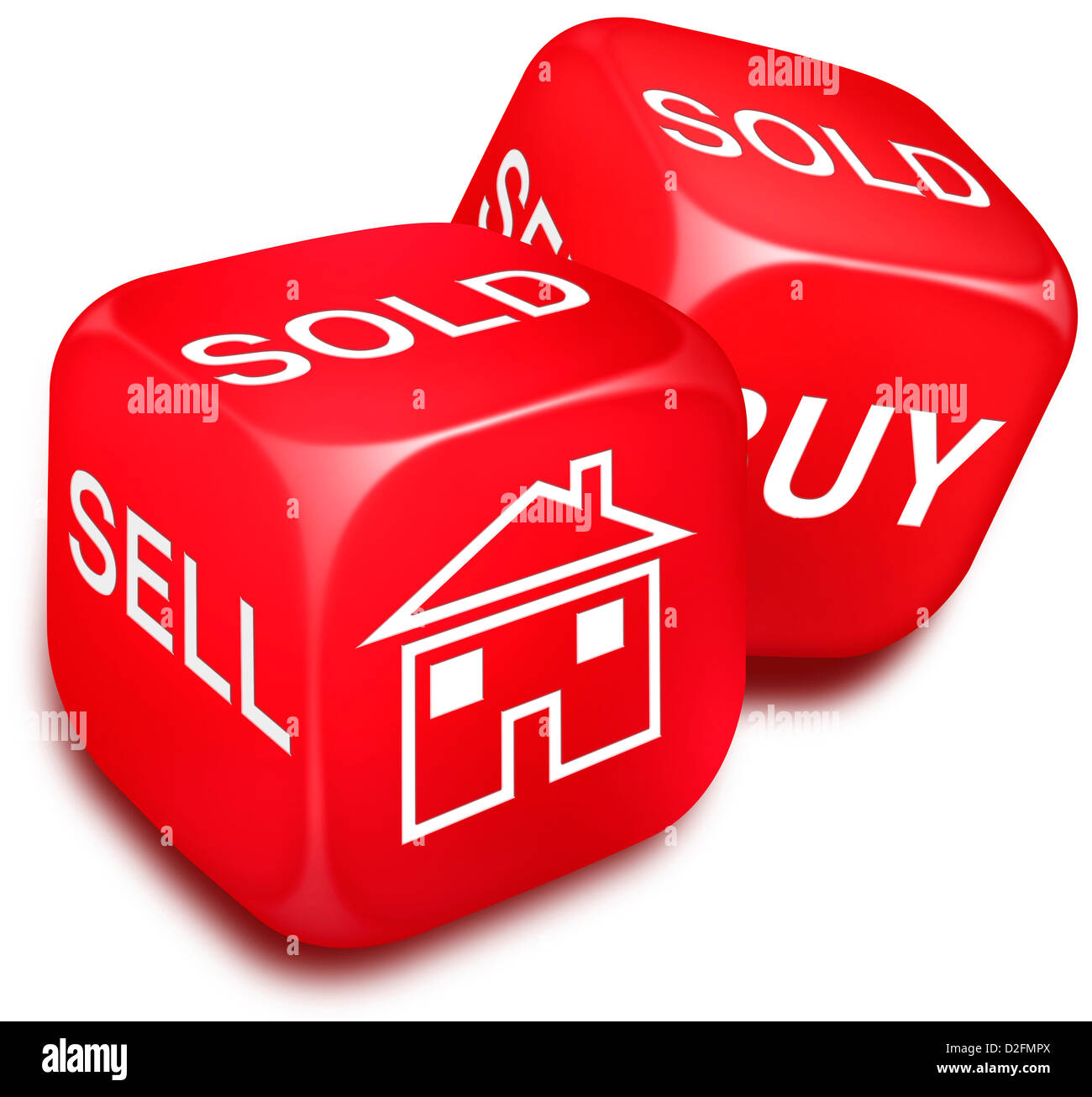 Pair of red dice with the words SELL, BUY, SOLD and a symbol of a house printed on their sides. White background, Cutout Stock Photo