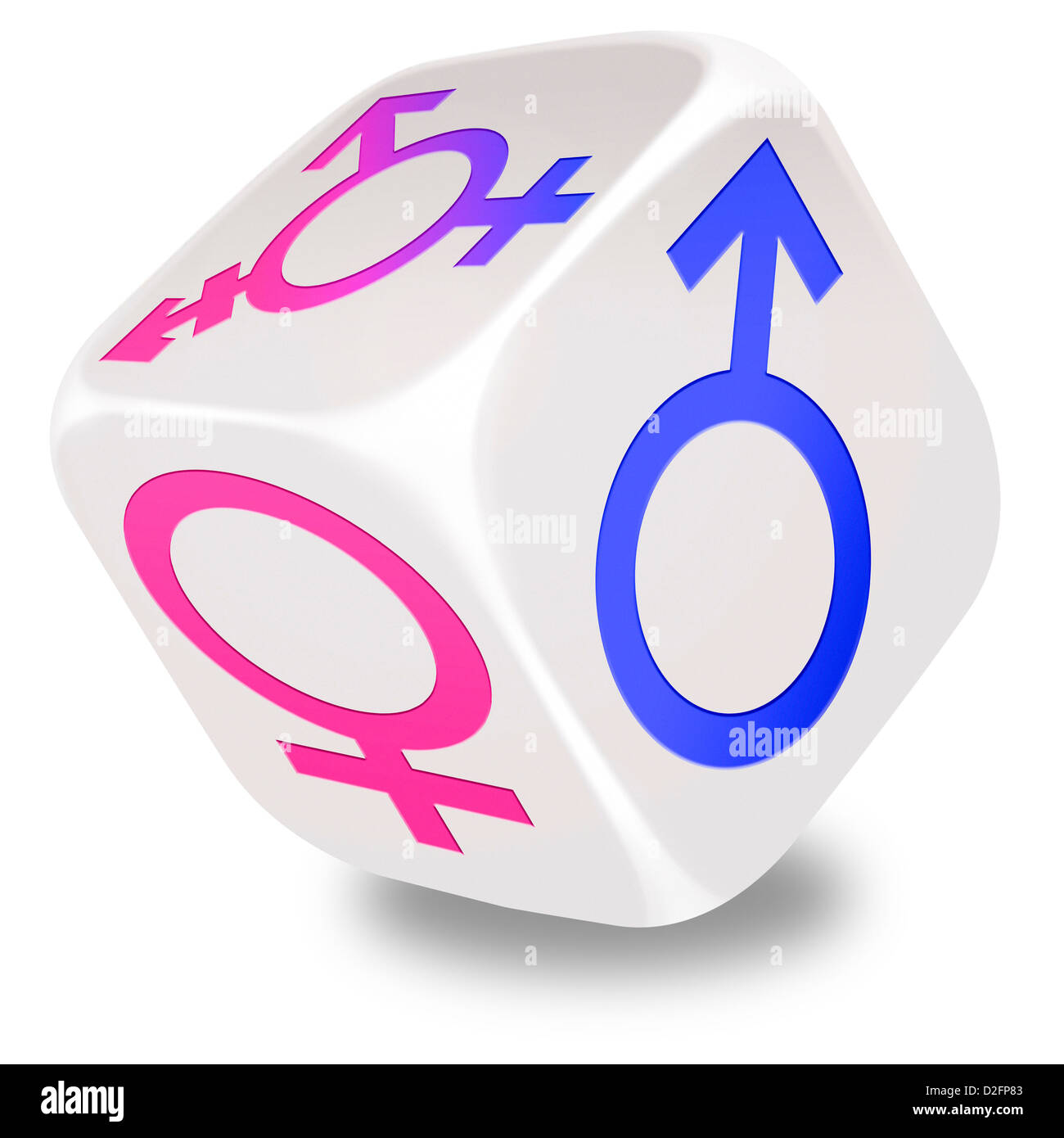 Rolling white dice with the symbols for male, female and transgender printed on its sides Stock Photo