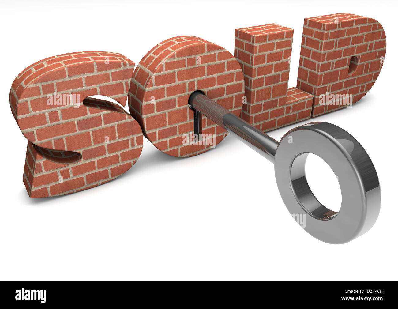 Key in the keyhole of a brick wrapped word SOLD - property / houses concept Stock Photo