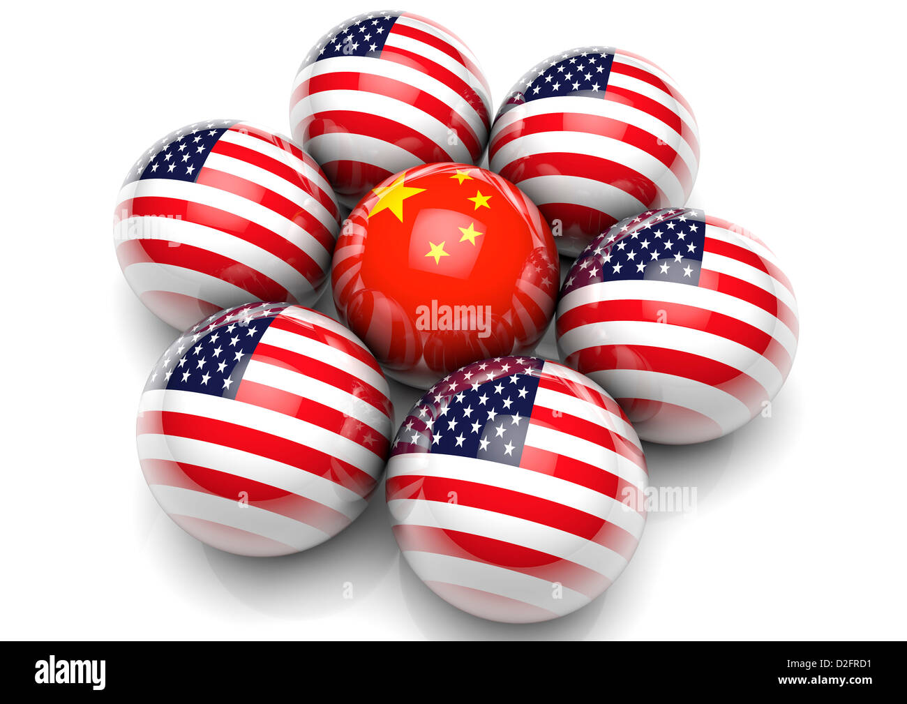 Sphere with the flag of China surrounded by spheres with the USA Stars and Stripes Flag - international relations concept Stock Photo