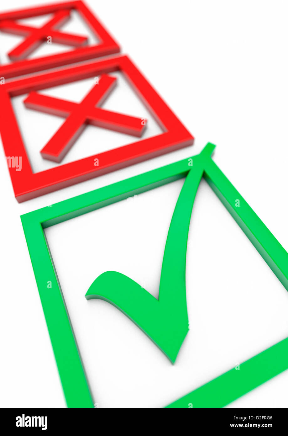 Voting slip or approval concept with two red crosses in the background and a green tick check mark in the foreground Stock Photo