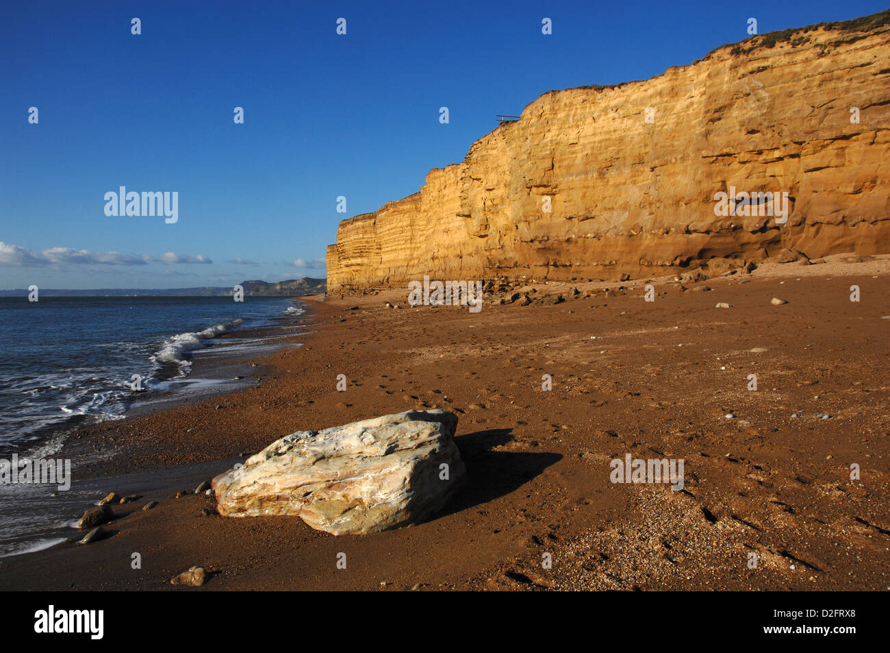 Sandstone cliff east of West Bay, Dorset, UK. showing bands of Bridport sands on the Jurassic coast. Stock Photo
