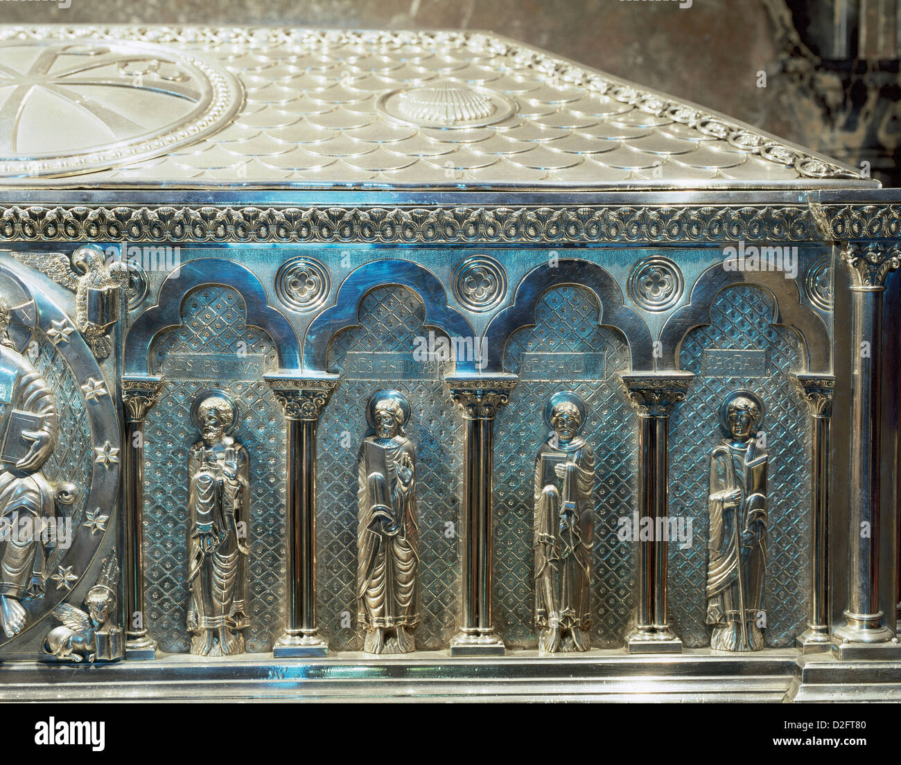 Spain. Galicia. Santiago de Compostela. Cathedral. The silver coffer holding the relic of St. James. Evangelists. Stock Photo
