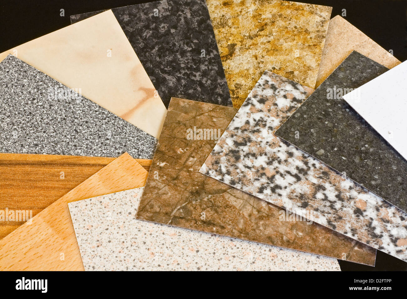 Kitchen worktop samples showing a variety of textured finishes available Stock Photo