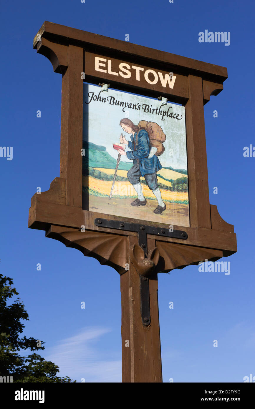 Elstow village sign, birthplace of John Bunyan Stock Photo