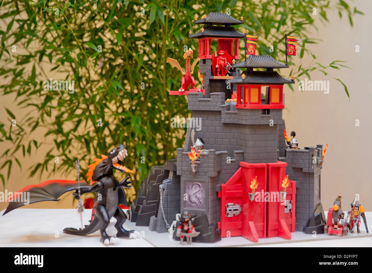 The 'Gigantic Battle Dragon' and 'Secret Dragon Castle' of toy manufacturer  Playmobil are on display at the annual press conference of the professional  association of toy manufacturers idee+spiel in Nuremberg, Germany, 23