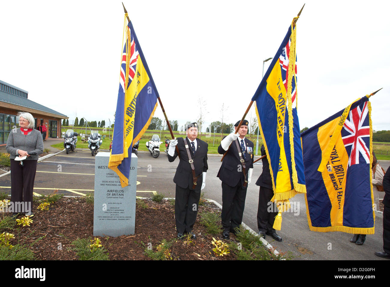 Royal British Legion Standard Bearers during the unveiling a memorial stone at Westcott Airfield Stock Photo