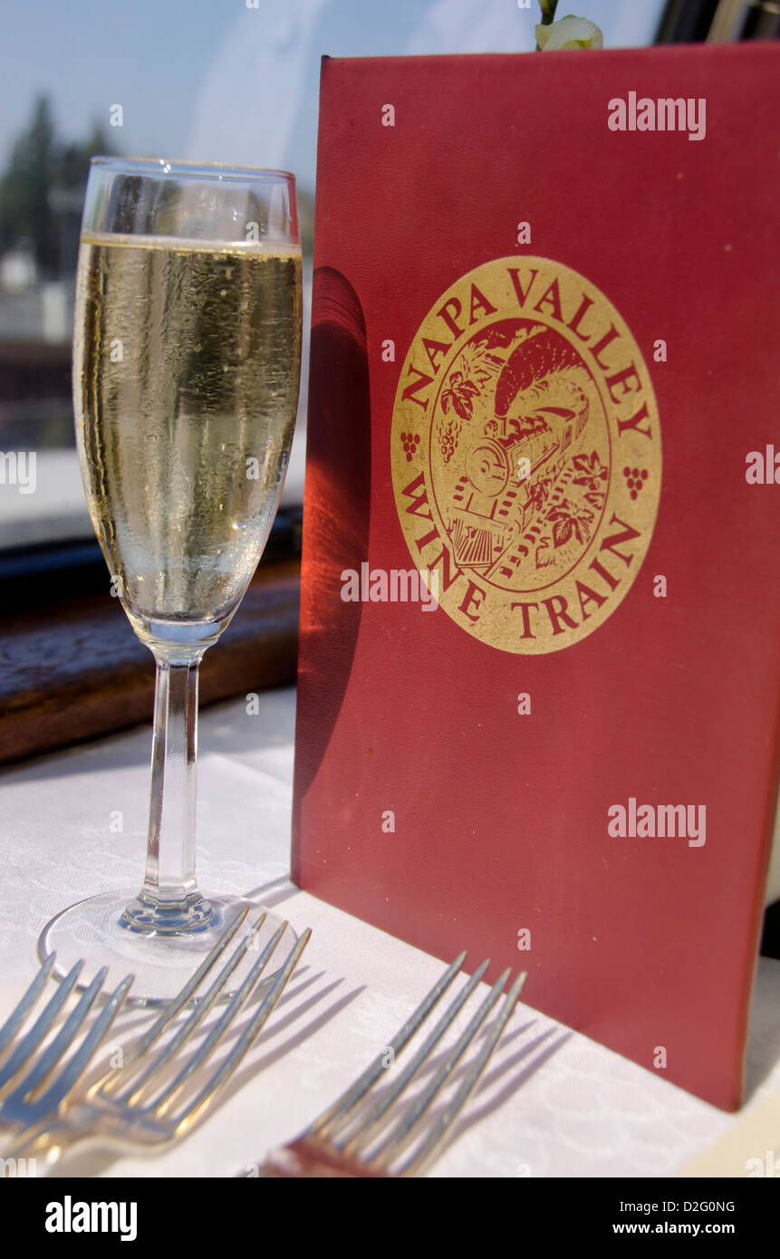 California, Sonoma, Napa Valley Wine Train. Wine Train menu and glass