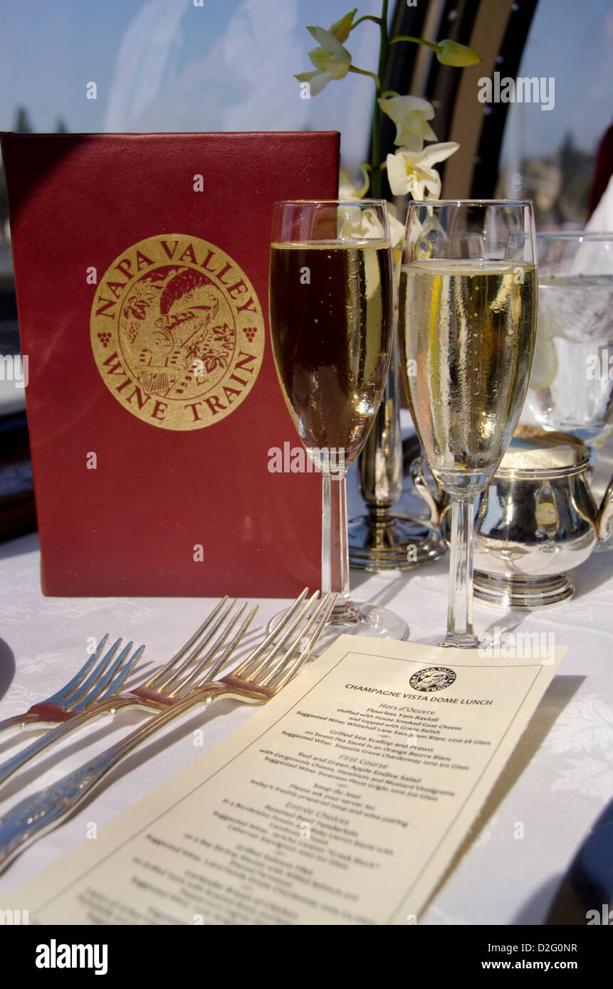 California, Sonoma, Napa Valley Wine Train. Wine Train menu and glass