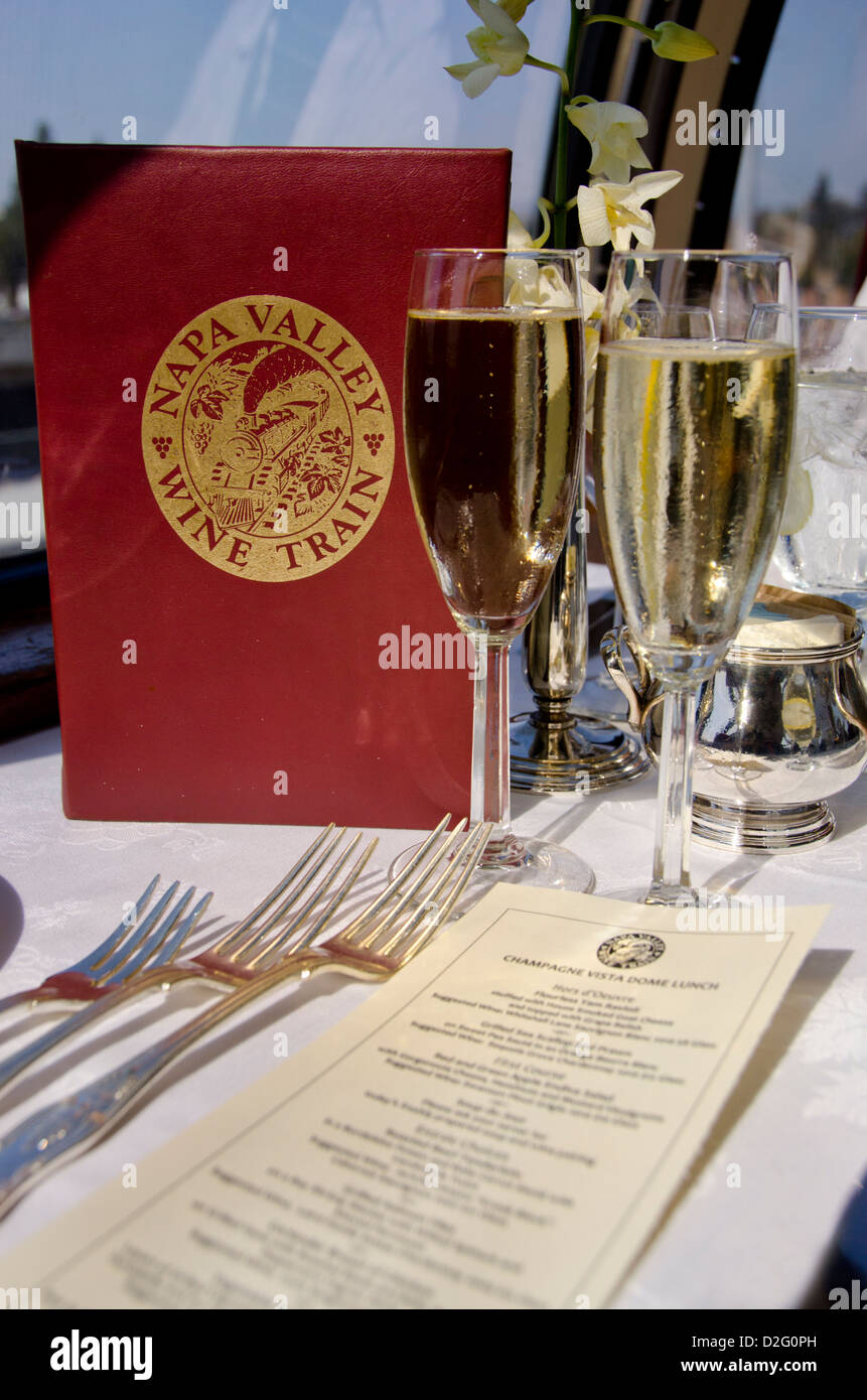 California, Sonoma, Napa Valley Wine Train. Wine Train menu and glass