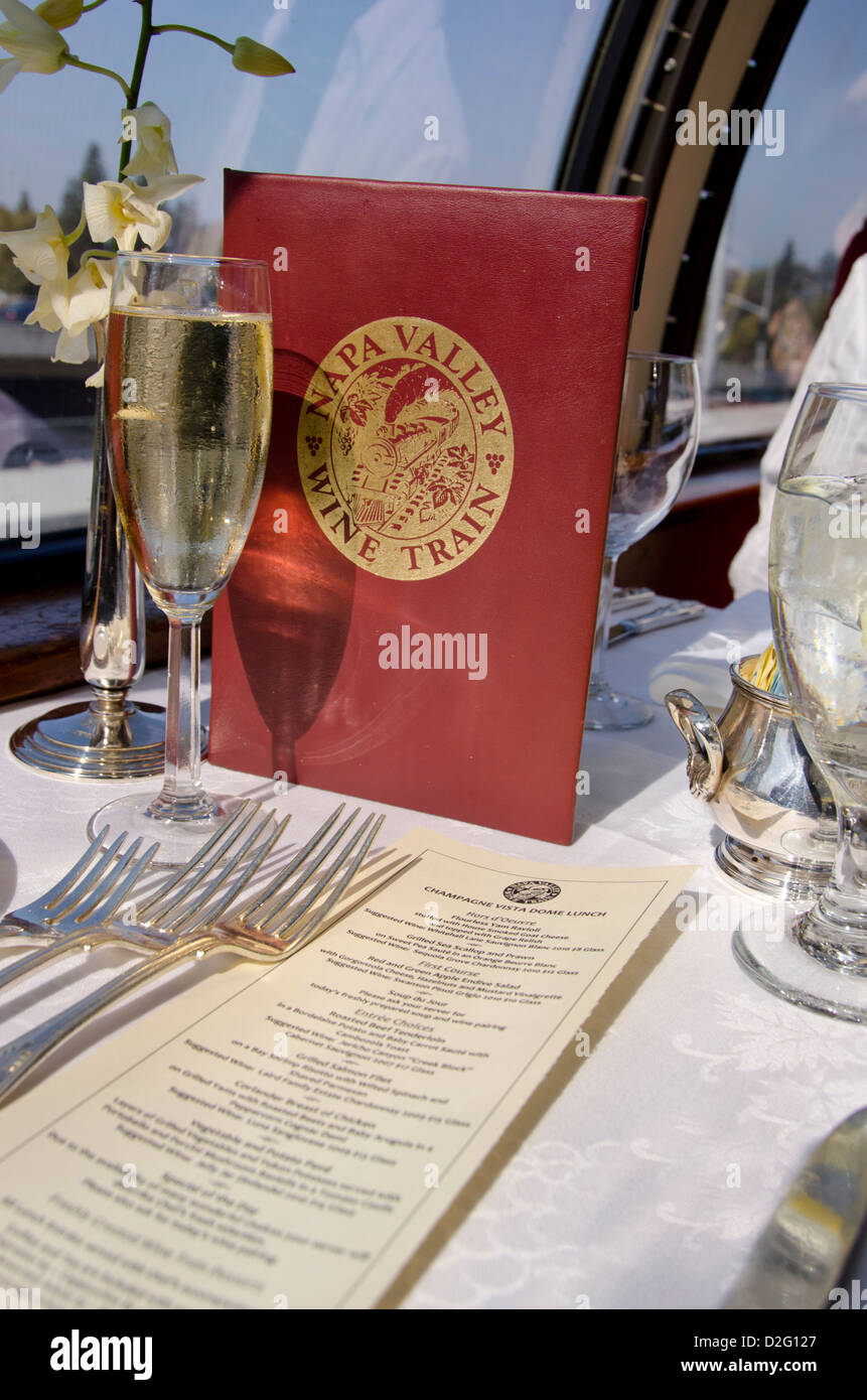 California, Sonoma, Napa Valley Wine Train. Wine Train menu and glass