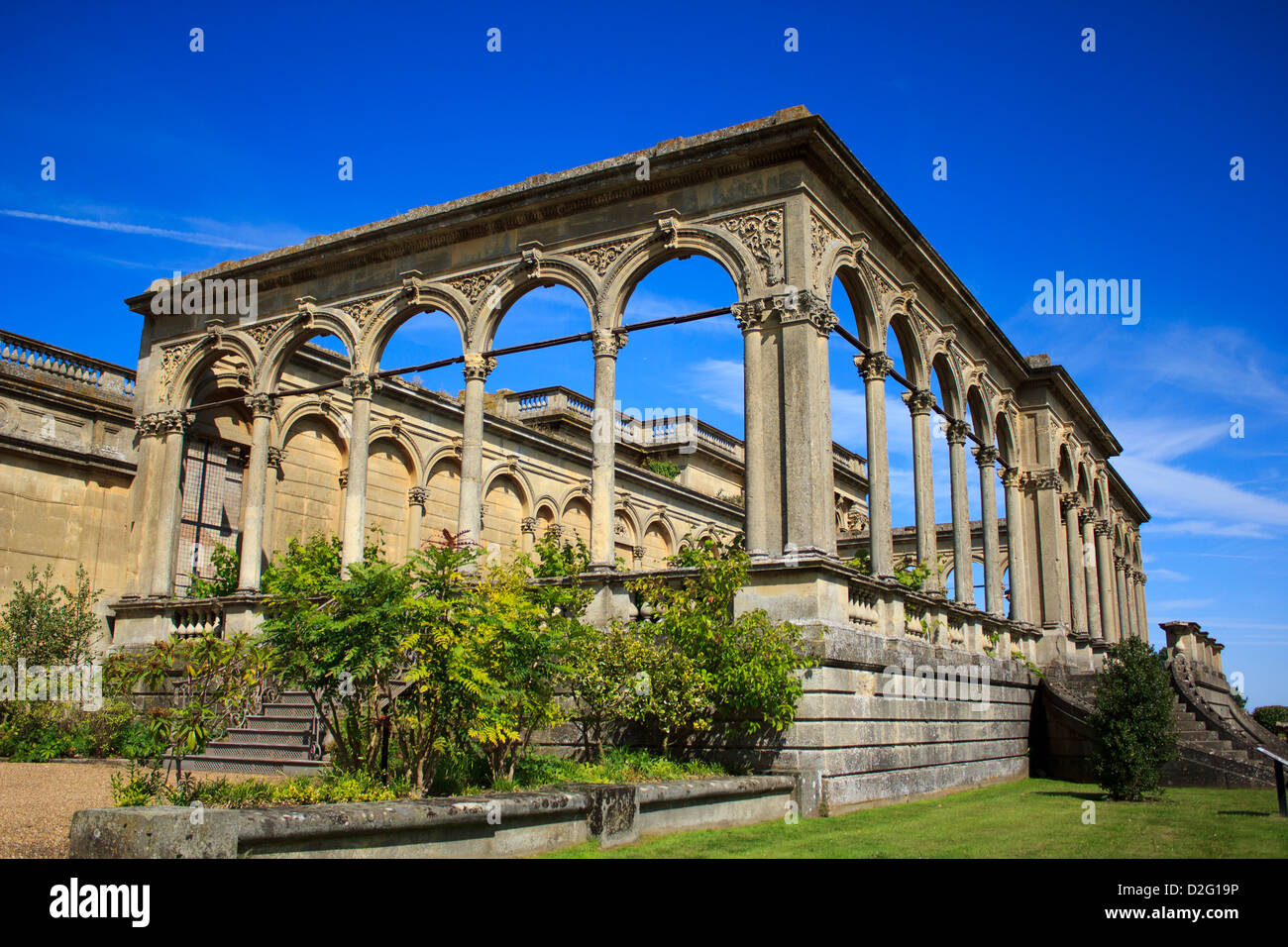 The front facade of Witley Court along with the garden layout on a sunny day. Stock Photo