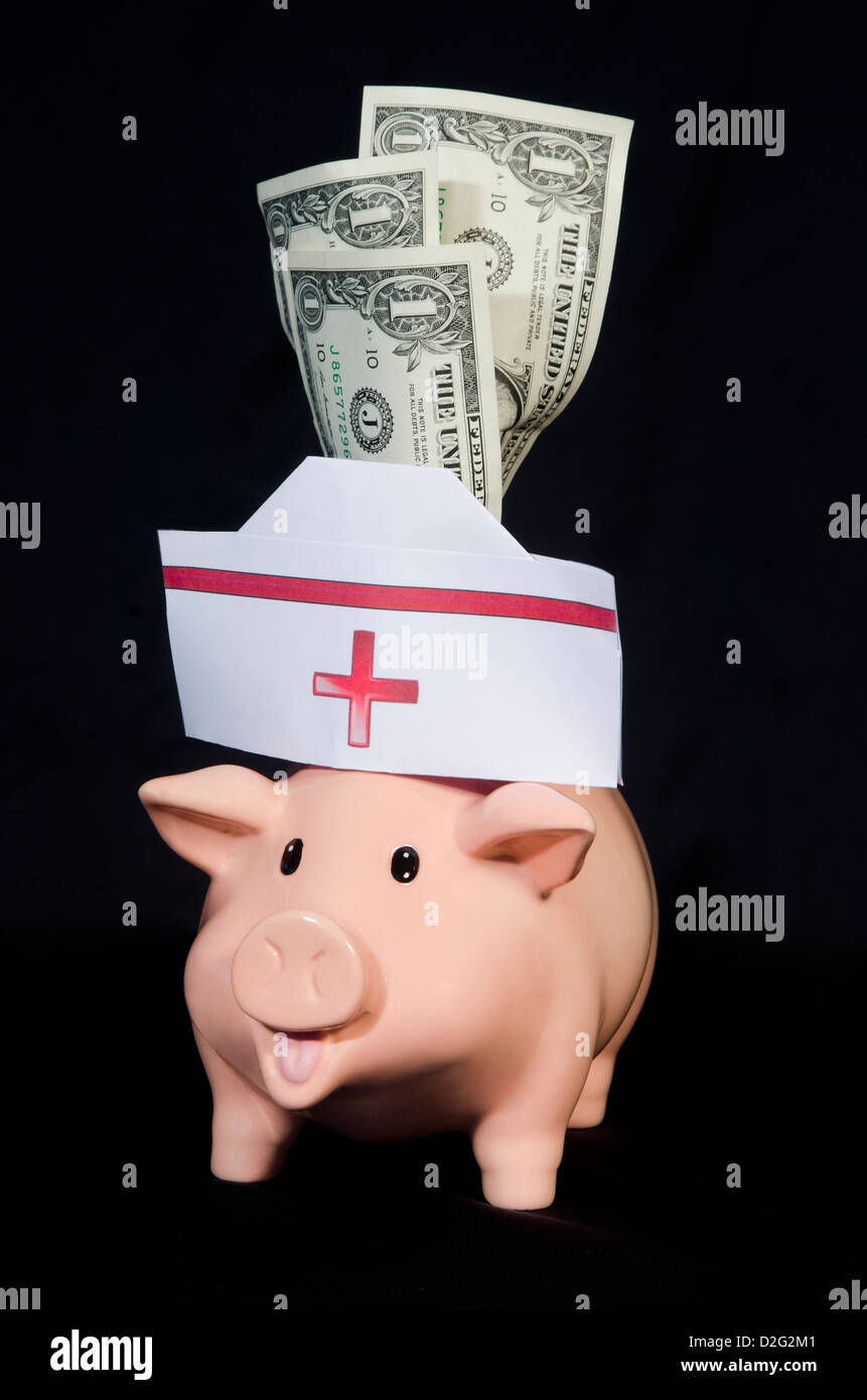 Many people have to dip into their piggy banks to pay for medical expenses.This little piggy is a nurse eating up your savings. Stock Photo