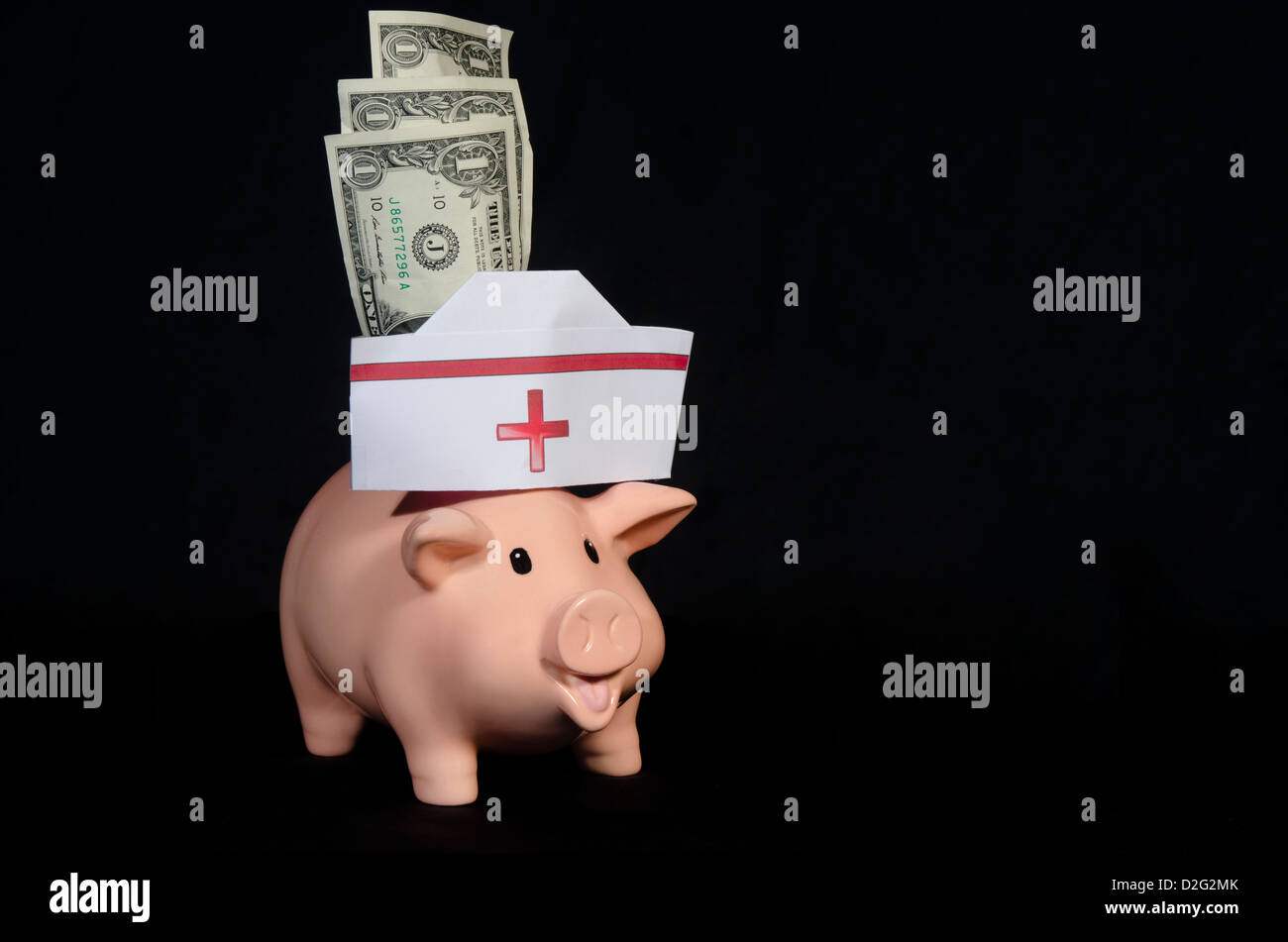 Many people have to dip into their piggy banks to pay for medical expenses.This little piggy is a nurse eating up your savings. Stock Photo