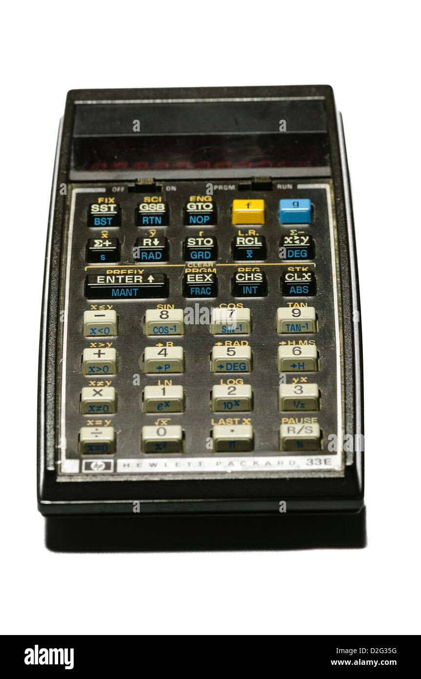 Hewlett Packard HP-33E programmable scientific calculator from 1978, which uses Reverse Polish Notation Stock Photo