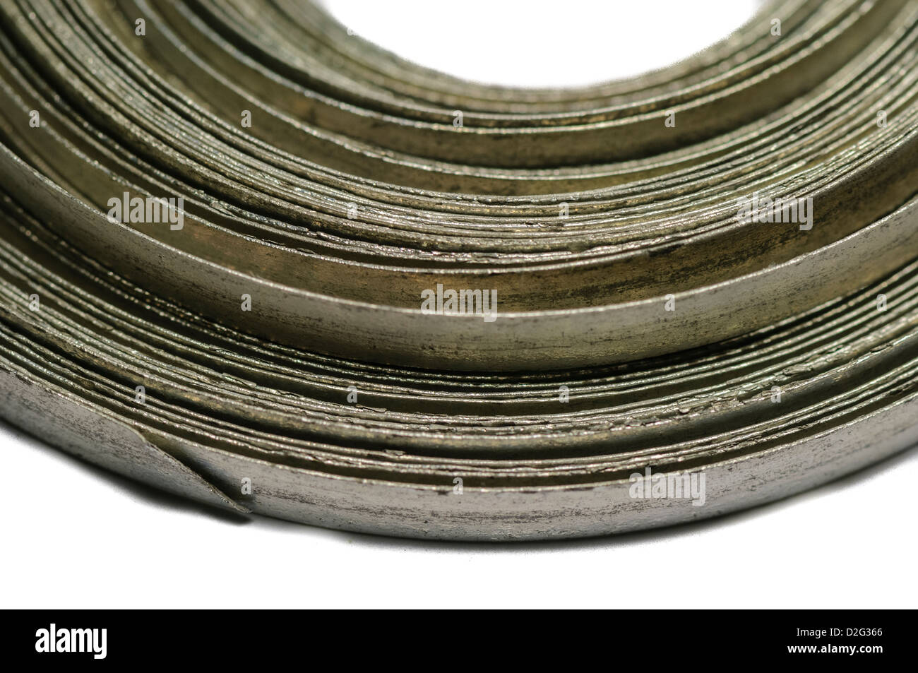 A coil of magnesium ribbon, a chemical element which burns with an incredibly bright white flame, and used in marine flares Stock Photo