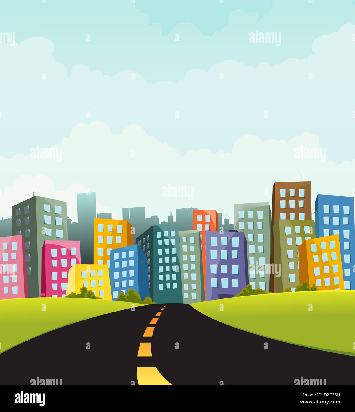 Illustration of a cartoon road going to town with fancy buildings Stock Photo