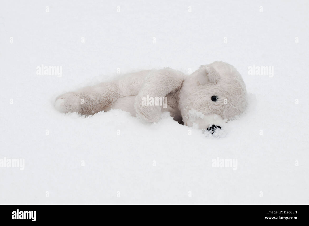 toy polar bear lost in snow Stock Photo