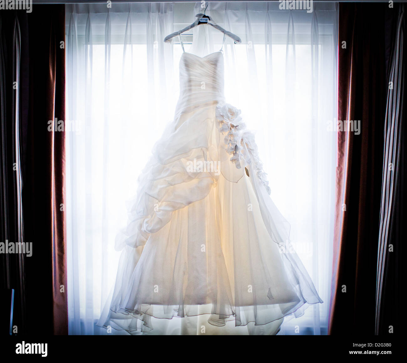 hanging wedding dress Stock Photo