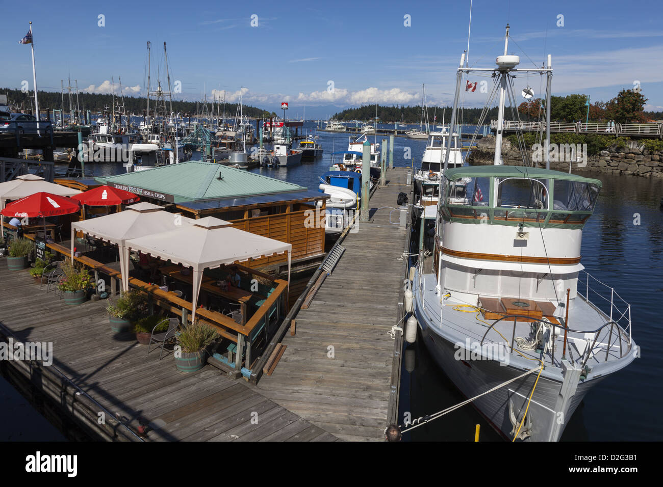 Boats docked on jetties at marina in Nanaimo Vancouver Island, British Columbia Canada Stock