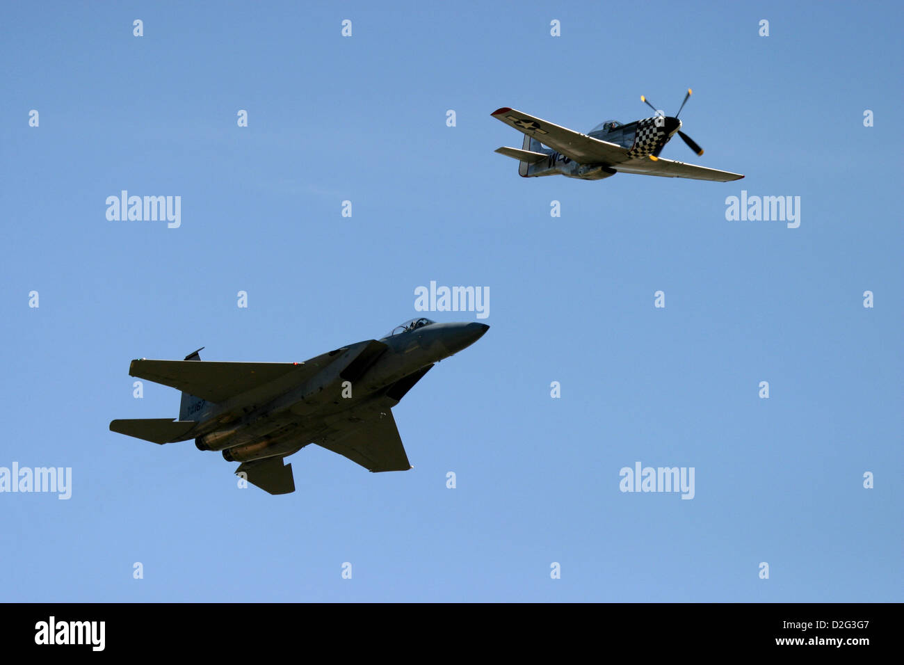 P51D Mustang  Grumman F14 Tomcat fly together at RAF Tattoo Fairford UK  Stock Photo  Alamy