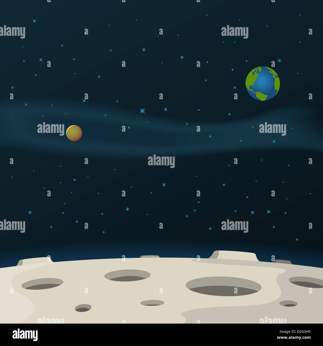 Illustration of a cartoon moon surface with galaxy, milky way and planets behind Stock Photo