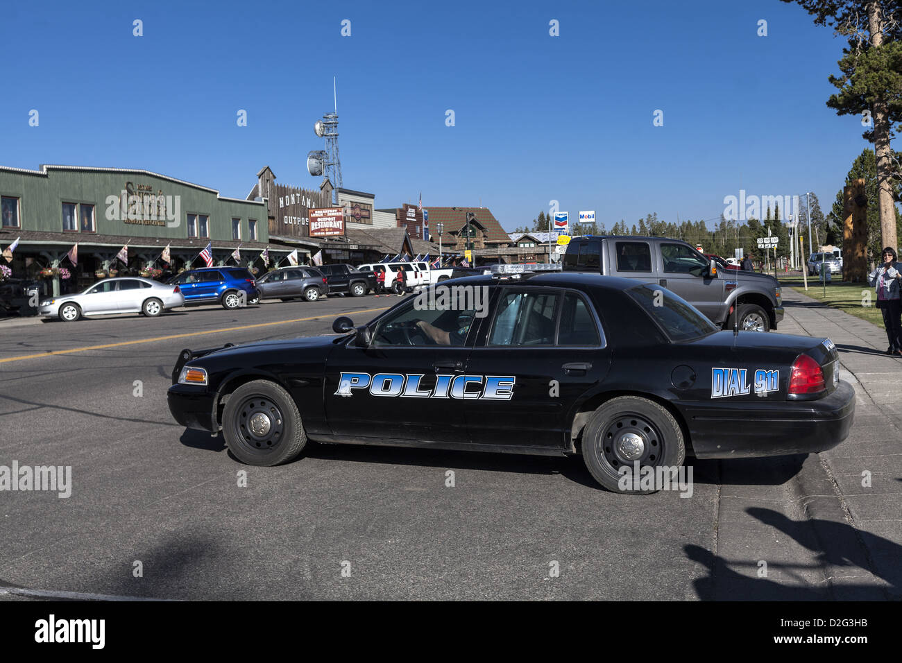 Police car parked in street in West Yellowstone, Montana, USA Stock Photo