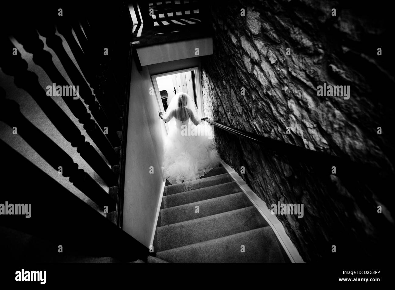 Black and white photo of a bride walking down some stairs in her wedding dress Stock Photo