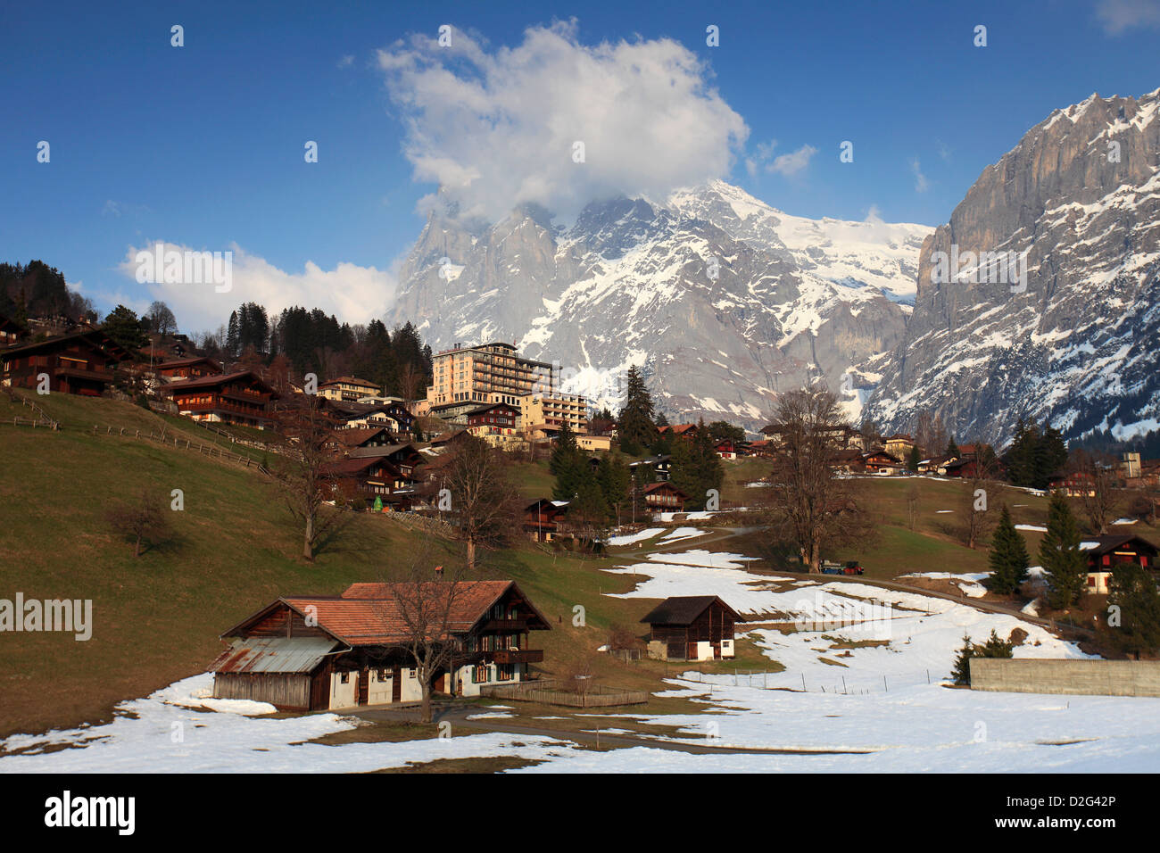 Swiss Chalet homes, ski resort of Grindelwald, Swiss Alps, Jungfrau