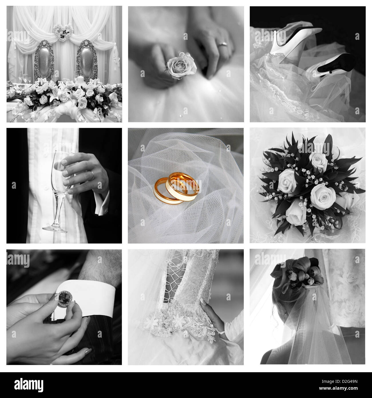 Collage of nine wedding photos in gentle  Stock Photo