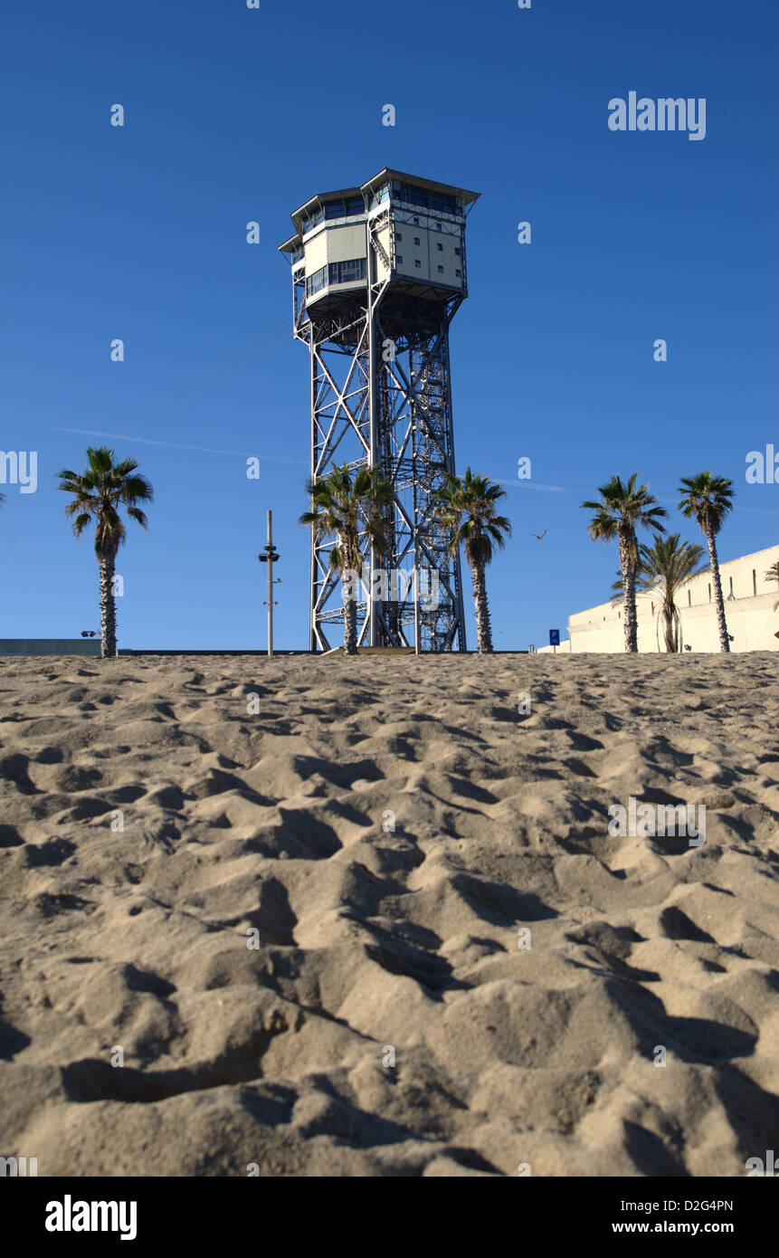 Sant Sebastià tower in Barcelona. End of cableway from Montjuïc to Barcelona port. Stock Photo