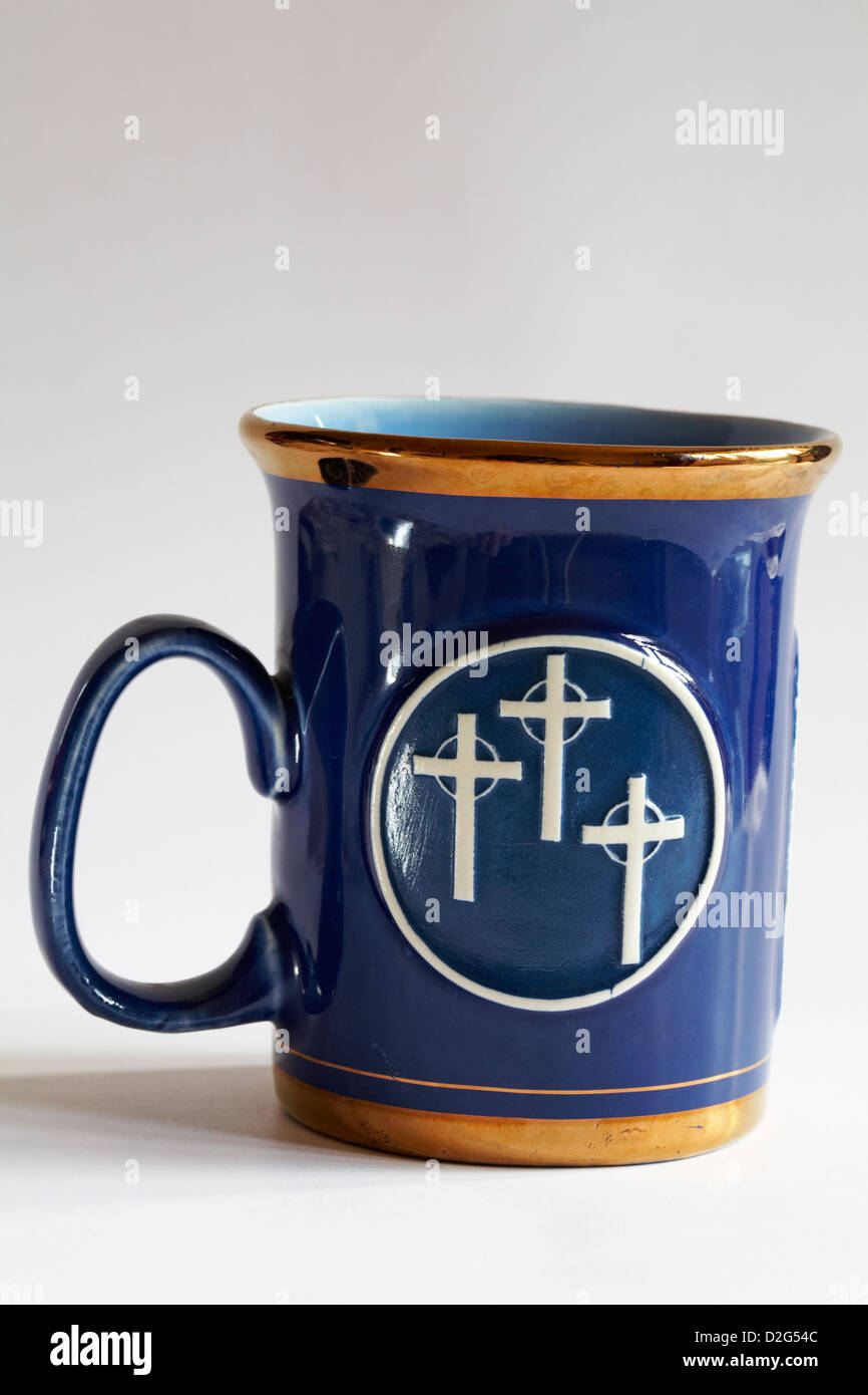 Trinity Methodist Church blue gold rimmed mug showing three crosses ...