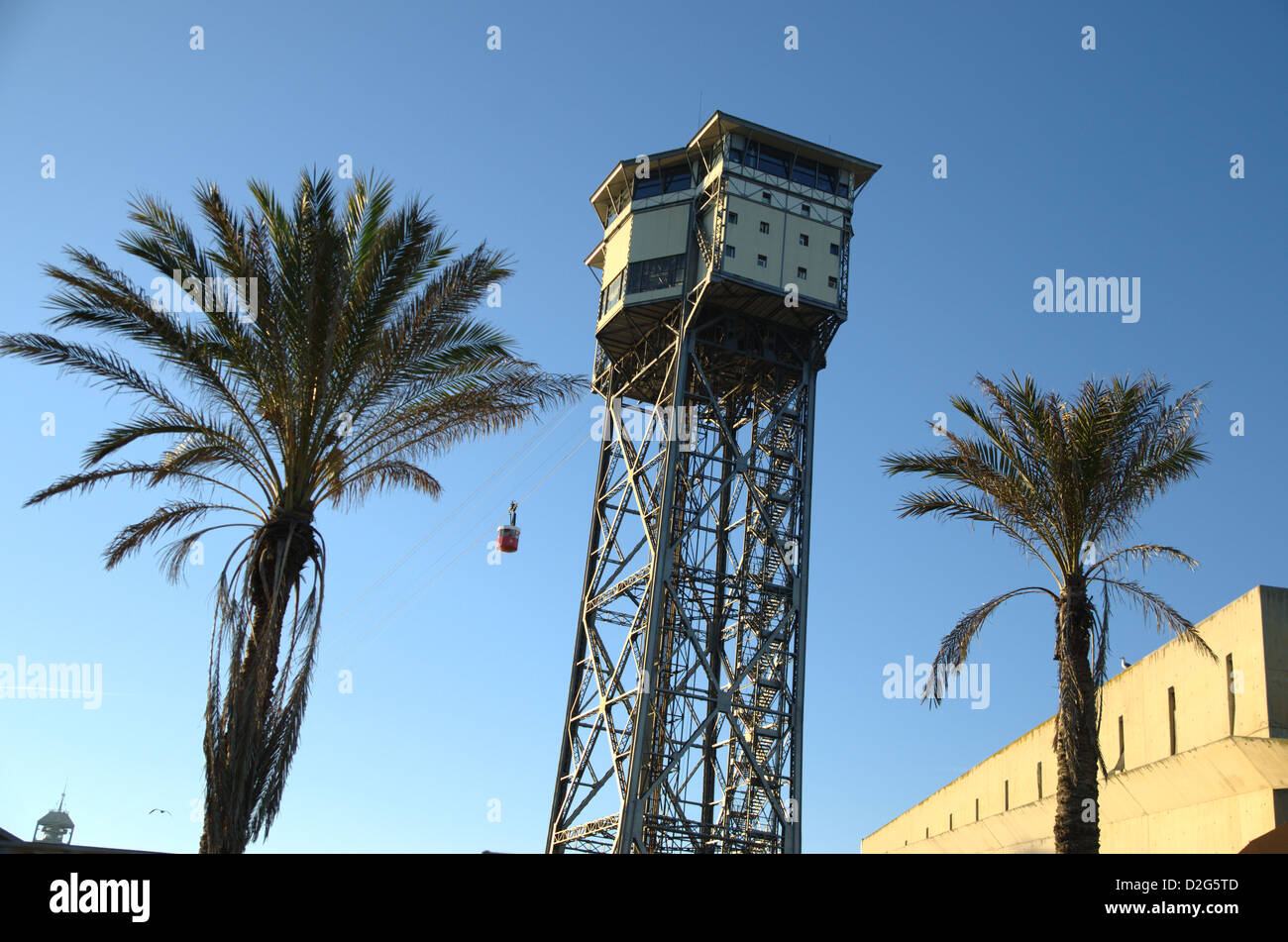 Sant Sebastià tower in Barcelona. End of cableway from Montjuïc to Barcelona port. Stock Photo