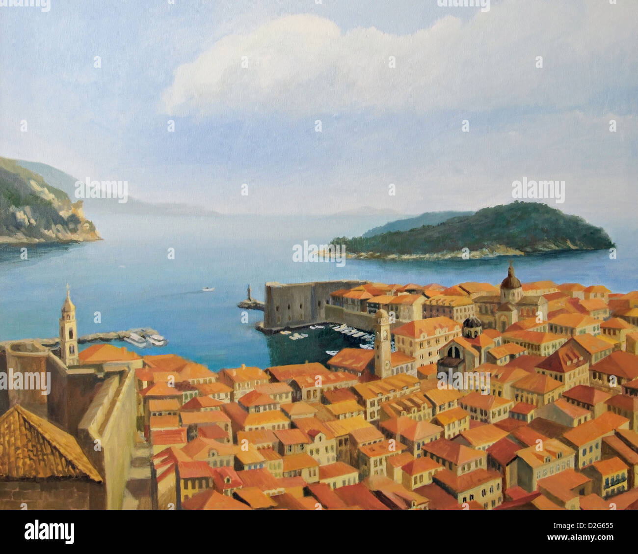 An oil painting on canvas of a beautiful panoramic view from the highest point of the city wall, toward old town of Dubrovnik. Stock Photo